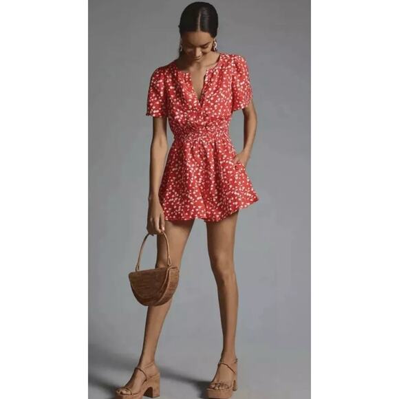 Anthropologie Pants - Anthropologie Short Sleeve Length Somerset Romper Linen Red White SZ XL A000408